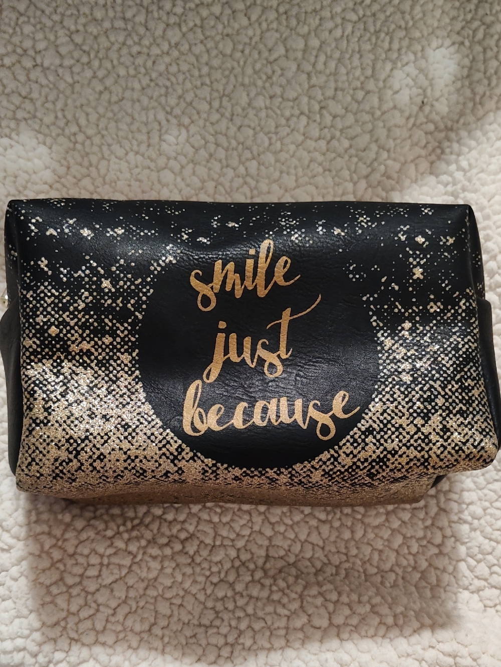 Black & Gold 'Smile Just Because' Women's Cosmetic Bag
